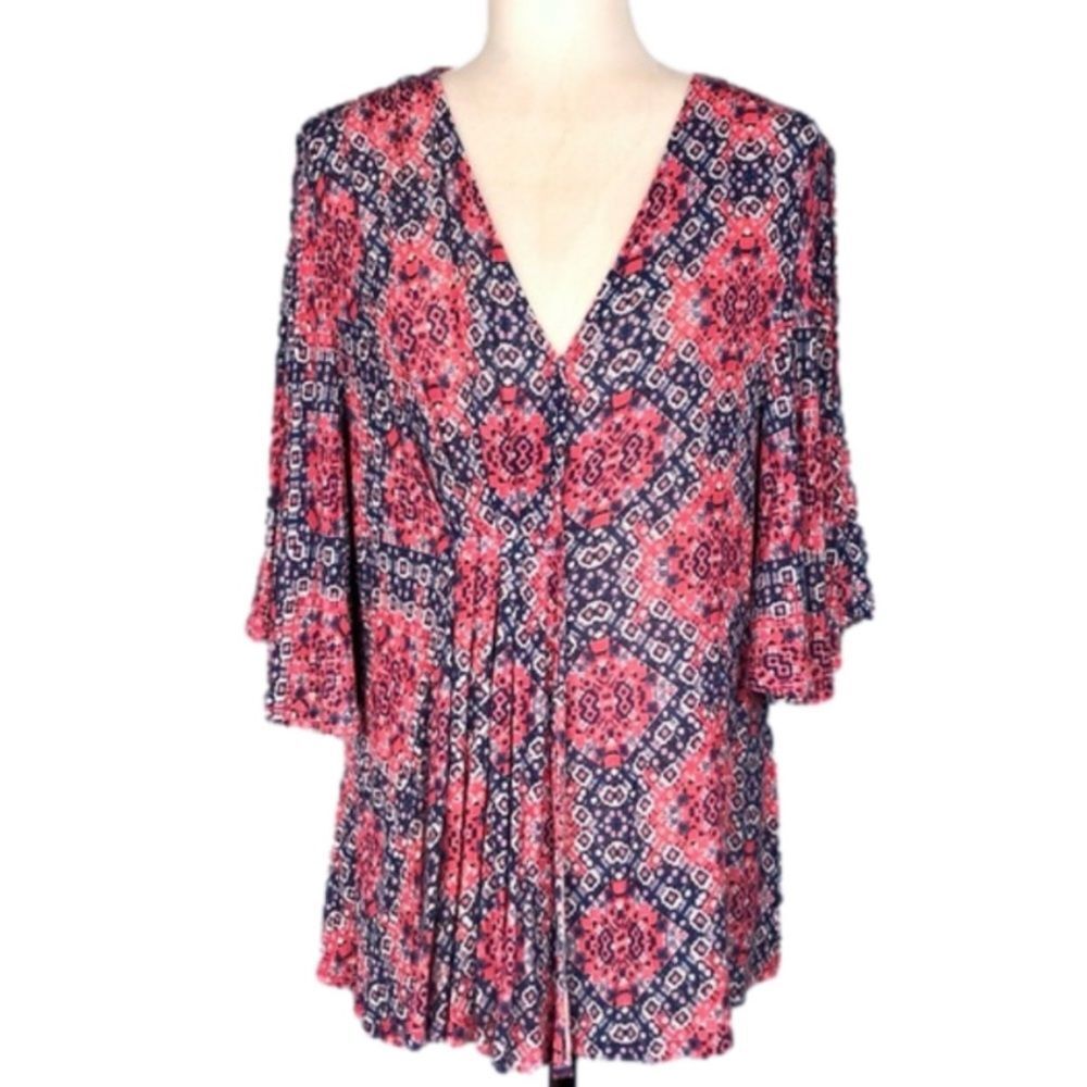 Vintage America Boho Peek-a-Boo Bell Sleeve V-Neck Blouse Red & Blue Size‎ Large